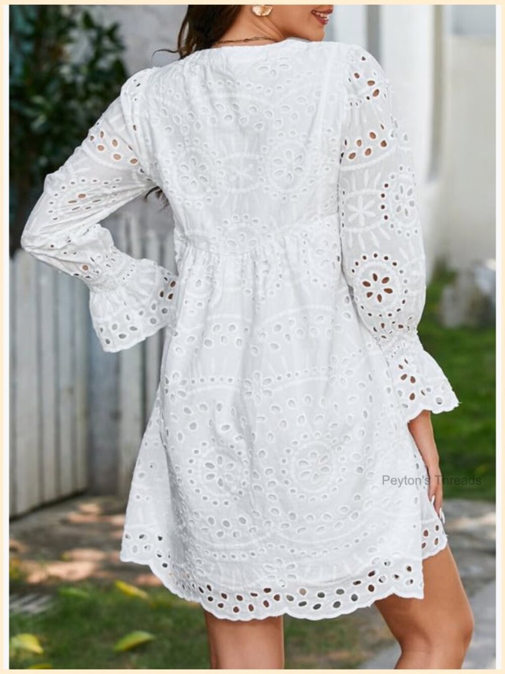 Boho Tassel V Neck Long Sleeve Lace Ruffle A Line Dress - Picture 2 of 7